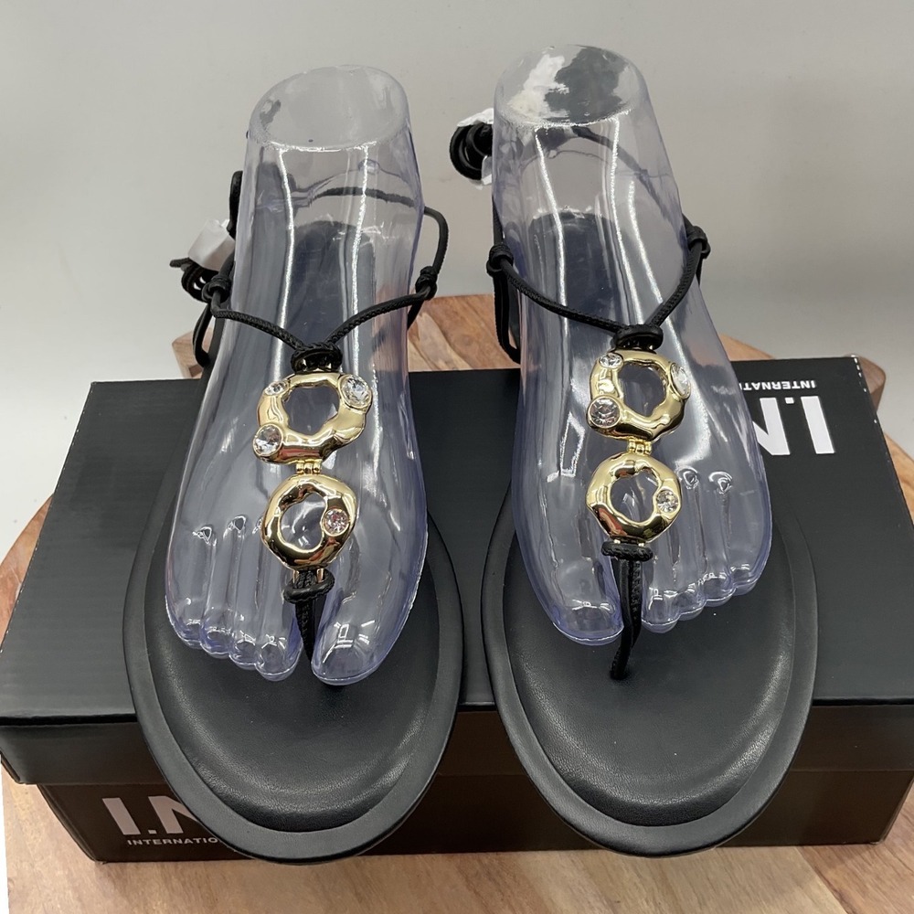 INC International Concepts Womens Black Lace Up Thong Sandals Gold Crystal 10M
